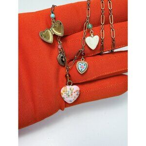 Vintage Romantic Heart Charm Necklace Brass Gold Tone Victorian Revival Pretty